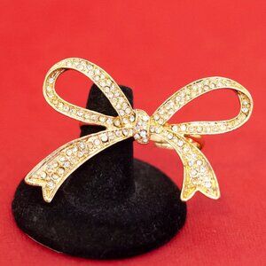 Size 8, Vintage Gold Tone Dainty Ribbon Rhinestone Adjustable Ring - F45